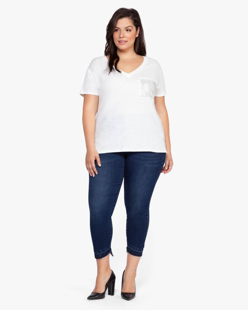 Plus size model wearing Margot Sequined V-Neck Top by Dex Plus | Dia&Co | dia_product_style_image_id:131097